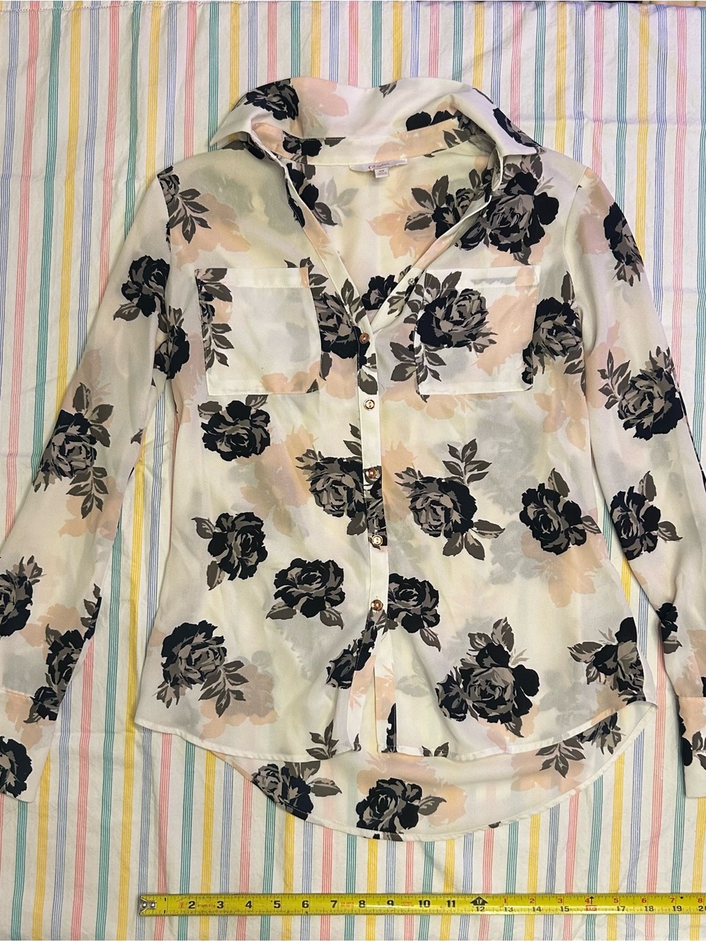 Candie's Ivory Blouse with Black and Blush Floral Print